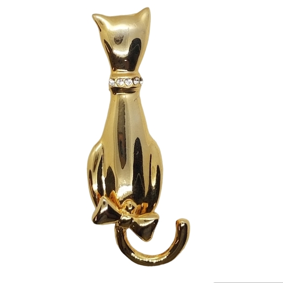 AAI VINTAGE GOLDTONED & CRYSTAL CAT WITH ARTICULATED TAIL BROOCH - Picture 1 of 7